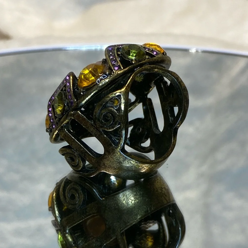 Vintage Large Antique Brass With Multicolored Glass Stones Cocktail Ring size 8 - Picture 7 of 8